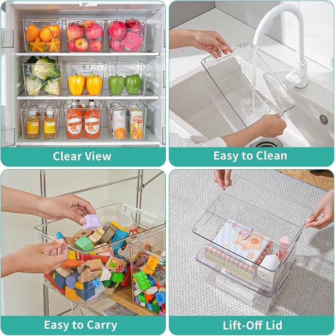 6 Pack Large Clear Storage Bins with Lids, Acrylic Arts and Craft Storage Containers, Stackable Clear Plastic Craft Storage Bins with Handles for Classroom Storage Organization,Kitchen, Fridge, Office