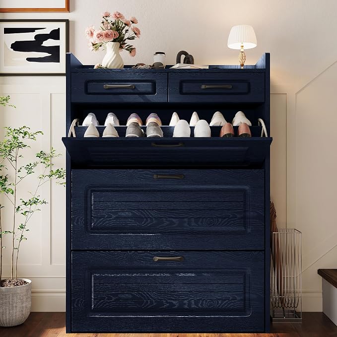 ODUWA Shoe Cabinet with 3 Flip Drawers and 2 Storage Drawers, Shoes Organizer Cabinets with Adjustable Divider, Hidden Shoe Storage Cabinet for Entryway, Hallway, Living Room, Blue