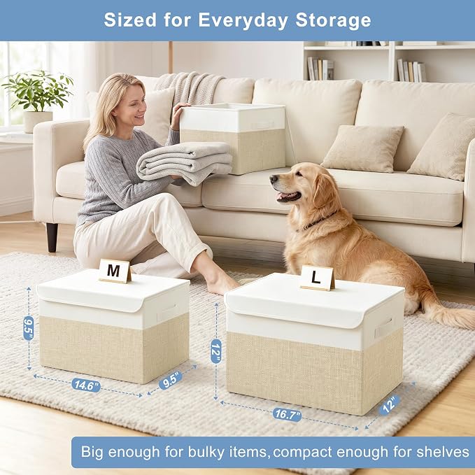 Bagnizer Large 17" 42 Quarts Collapsible Stackable Storage Bins with Lids [3-Pack] Foldable Fabric Linen Storage Boxes Cube, Closet Organizer Baskets with Label (16.7 x 12 x 12, Beige & White)