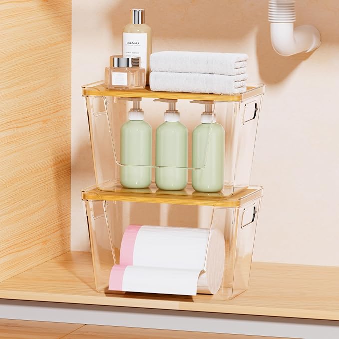 Delamu 3 Pack Trash Bag Dispenser, Stackable Garbage Bag Holder | Clear Acrylic Organizer Bins for Under Sink Organization, Pantry Storage, Cabinet, Kitchen, Laundry, Bathroom