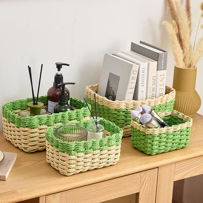 4PCS Woven Storage Baskets Set, Small Baskets for Organizing, Square Handwoven Paper Rope Organizer Bins for Shelves and Home Storage (Natural & Green)