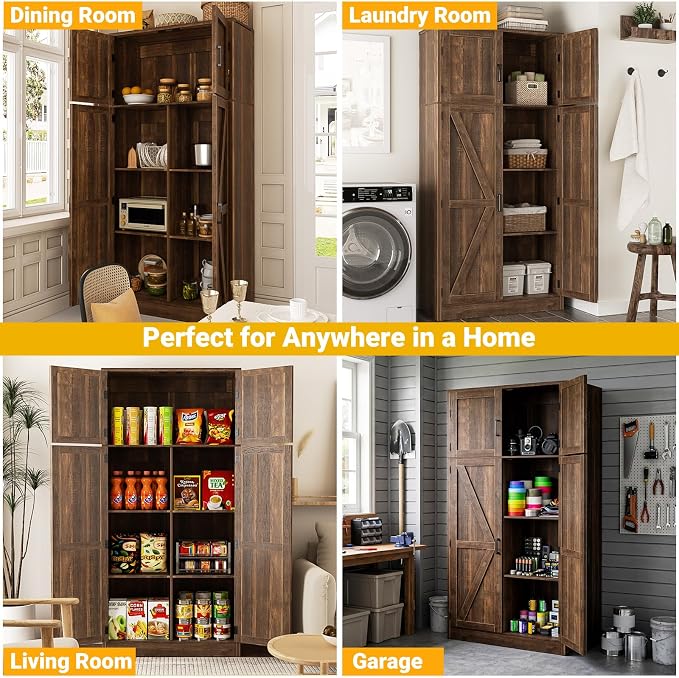 Unikito 71” Kitchen Pantry Storage Cabinet with Adjustable Shelves, 2 Pack | Large Farmhouse Storage Cupboard, Barn Doors, Sturdy and Deep, Versatile for Dinning Room, Living Room, Weathered Brown