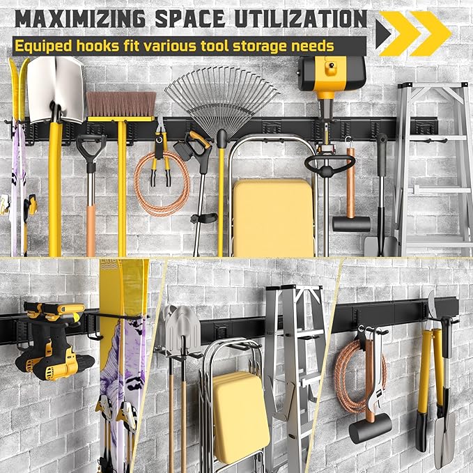 96" Garage Tool Organizer Wall Mount, 1250lbs Heavy Duty Garden Tool Storage Rack with 15 Adjustable Hooks for Yard, Shed, Garage (6 Racks, 15 Hooks, 2 Straps, Steel)