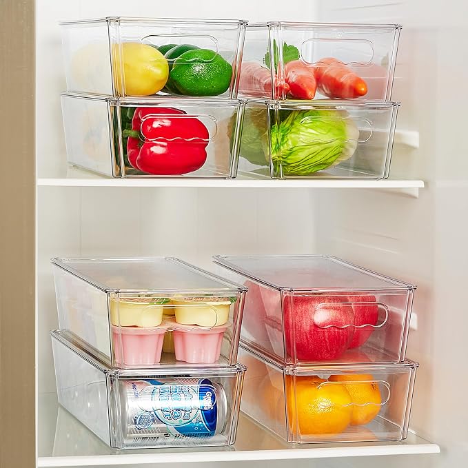 Vtopmart 4pcs Clear Stackable Storage Bins with Lids | BPA-free food-grade PET, Stackable with Lids Included, Easy to Move, For Fridge Freezer Pantry Cabinet Kitchen Organization