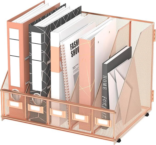 DALTACK 5-Slot Magazine File Holder, Metal Binder Holder, Rose Gold | Iron Mesh Construction, Labeled Sections for Easy Sorting, Anti-Slip Feet, Binder and Folder Storage for Office, Classroom