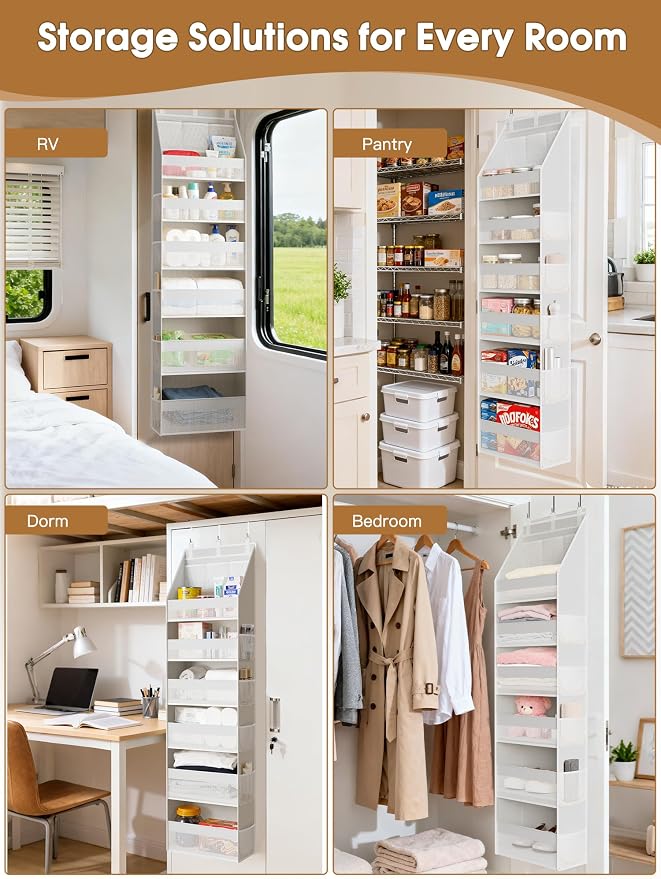 Criusia Over the Door Organizer, Heavy-Duty 6-Shelf Hanging Storage with 13 Mesh Pockets, 55lbs Capacity Behind the Door Storage for Nursery, Bathroom, Bedroom, and Dorm, White
