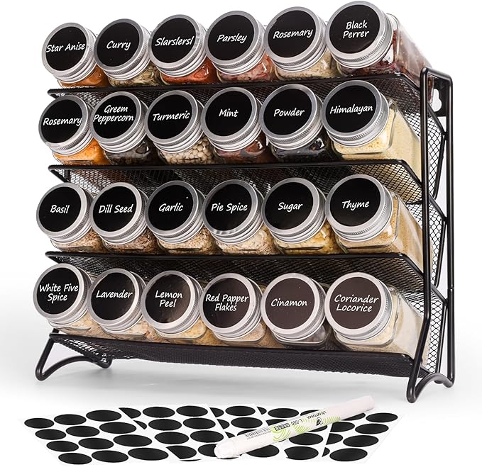 DIDITIME Spice Rack Organizer with 24 Glass Jars and 60 Labels, 4-Tier Seasoning Organizer for Cabinet, Countertop, Pantry or Wall Mount, Rust-Resistant Carbon Steel Spice Jar Set with Marker