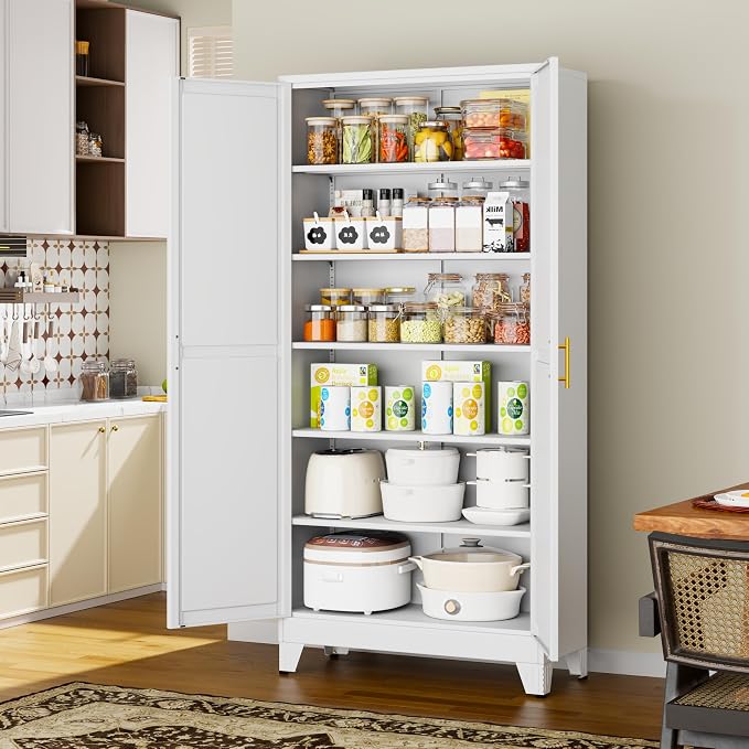 75" White Metal Storage Cabinet with 2 Doors and 5 Adjustable Shelves,Steel Garage Tool Cabinet, File Cabinet,Kitchen Pantry Cabinet for Home,Office,Garage,School,Warehouse