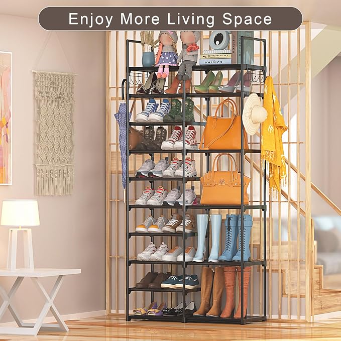 Kottwca 2 Row 10 Tier Tall Shoe Rack Organizer for Closet Entryway, 40-45 Pair Shoe Boot Storage Rack, Metal Shoe Shelf Small Vertical Stackable Shoe Stand for Bedroom Corner