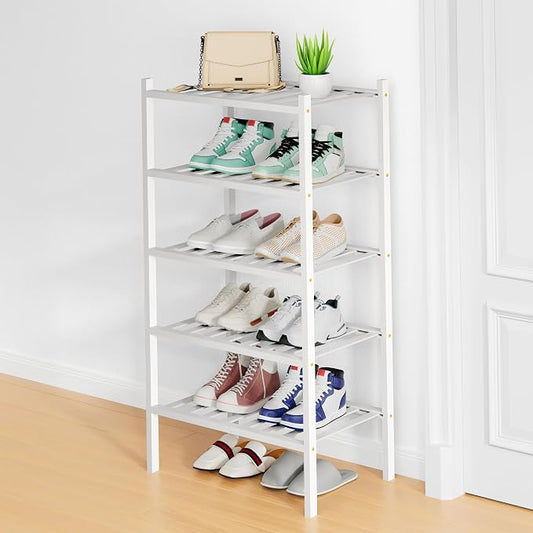 Smiry Bamboo Shoe Rack, 12 Vertical Slats, 5 Tier - 17.3" Wide, White | Stackable Free Standing Wooden Shoe Organizer, Wood Shoe Storage Shelf for Closet, Entryway