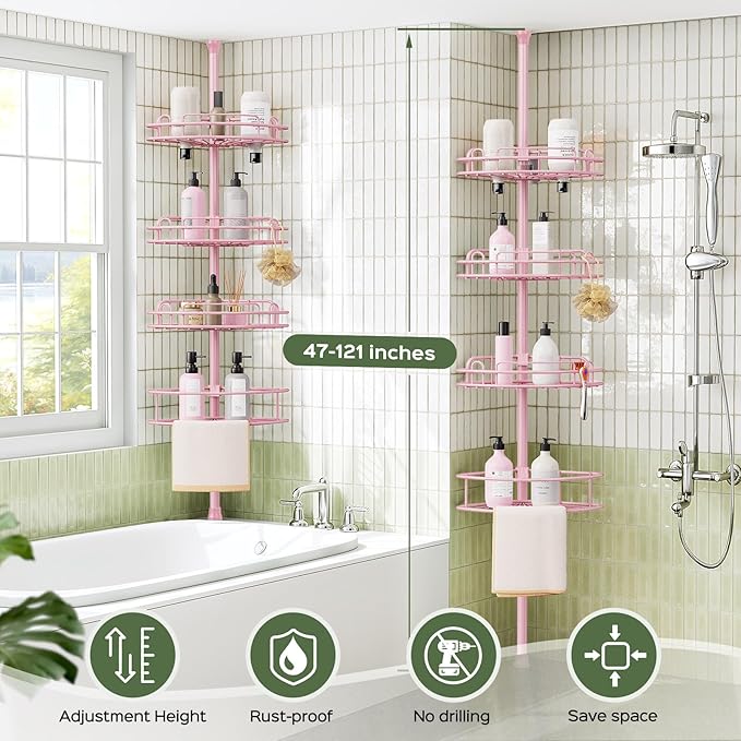 HAMITOR Corner Shower Caddy Tension Pole: 4-Tier Rust-Resistant Adjustable Bathroom Organizer Shelves - 47.72-123.6 Inch No-Drill Quick Installation - Space-Saving Storage for Renters Family - Pink