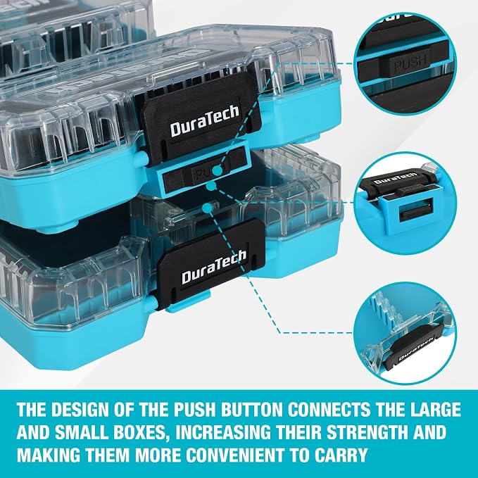 DuraTech 3-Piece Small Parts Tool Box Organizer with 14 Dividers | Stackable clear-lid boxes with 14 removable dividers; storage for screws, nuts, bolts, nails, drill bits and small hardware