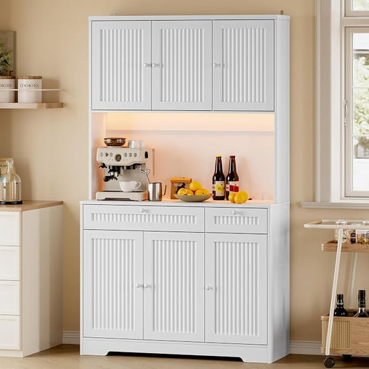 BORNOON Pantry Cabinet with Charging Station and Light, Tall Kitchen Pantry Storage Cabinet with Microwave Stand, Wide Fluted Kitchen Hutch with Storage Drawers and Adjustable Shelves for Dining Room