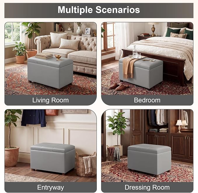 24" Leather Storage Ottoman Bench, Rectangle Foot Rest Stool for Living Room, Bedroom, Entryway, Grey