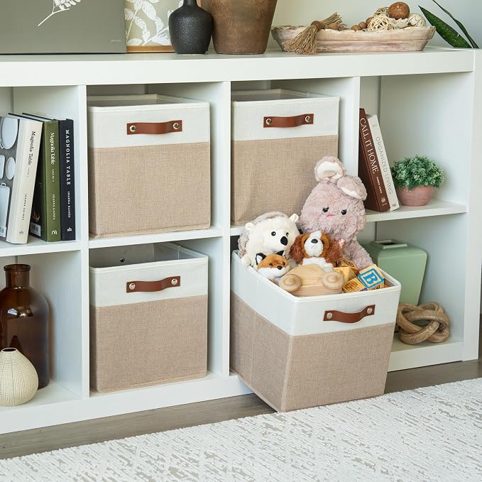 OrganiHaus 11x11 Cube Storage Bins, Set of 4 - Fabric Storage Cubes | Sturdy, holds its shape; odor-free; fits ClosetMaid 11-inch shelves; vegan leather handles