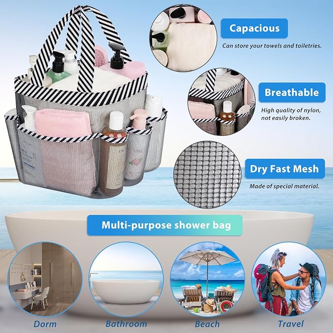 Mesh Shower Caddy Portable - 9 Pockets for College Dorm Room Essential | Large Capacity Mesh Shower Caddy with 9 Pockets, Portable Hanging Toiletry Bag for College Dorm, Gym, Camping and Beach