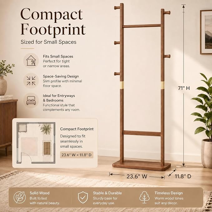Solid Wood Coat Rack Freestanding, Clothing Rack with 5 Hooks & Bottom Shelf, Coat Rack Stand for Hanging Clothes, Wood Hall Tree Organizer for Entryway, Bedroom (Walnut Brown 23.6"W x 70.8"H)