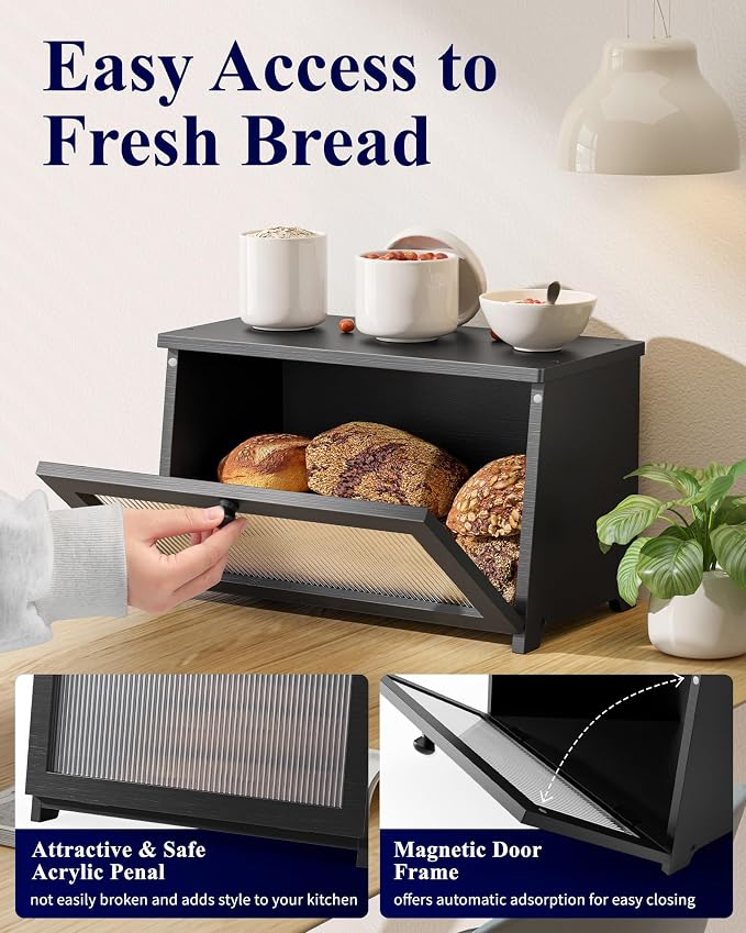 Kitsure Wooden Bread Box for Kitchen Countertop, 1-Tier, Black | Large Capacity Kitchen Countertop Organizer, Stylish Bread Storage with Window, Multi-functional Container
