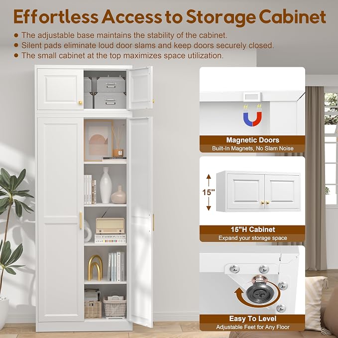UNICOLY 86.6" Kitchen Pantry Cabinet, Pantry Storage Cabinet with Doors | Tall Storage Cabinet with 4 Shelves，Metal Kitchen Pantry for Kitchens, Living Room, Dinning Room, Assembly Required, White