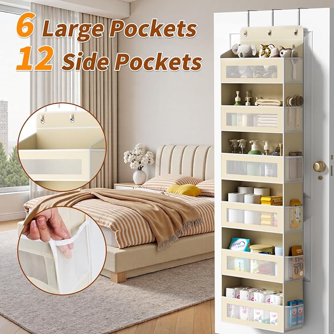 AQOOA 6-Tier Over The Door Organizer 44 lbs Capacity fit Standard Doors | Over the Door Storage 6 Large 12 Side Pocket Behind Door Storage, Closet Door Organizer Hanging Shelf, Beige