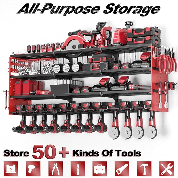 52" Metal Power Tool Organizer Wall Mount,4 Tier,Red | Heavy-Duty Metal,480 LBS Capacity,12 Cordless Drill Holders,Adjustable Hooks,Tool Shelf for Garage Workshop Shed,Pegboard