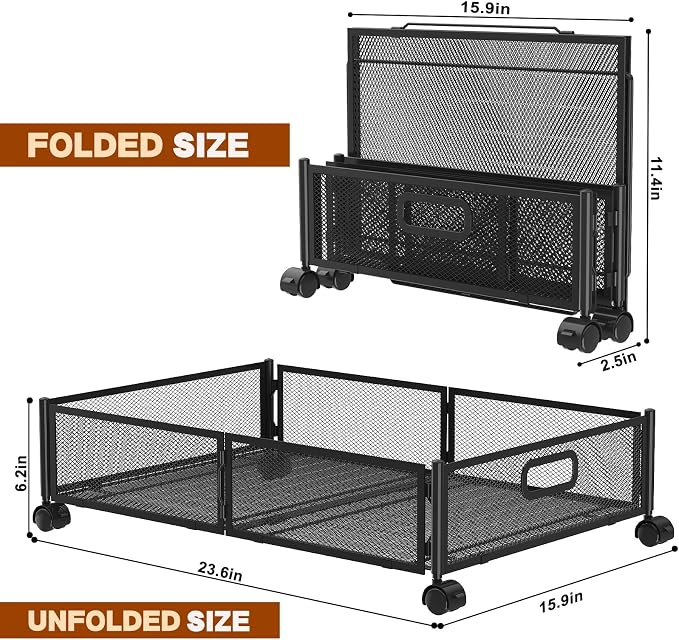 Under Bed Storage Containers,2 Pack Foldable Underbed Storage Containers with Handles and Wheels,Folding Bed Shoes Clothes Organizer,Easy Assembly Underbed Storage for Toy ,Bedding,Bedroom(Black)