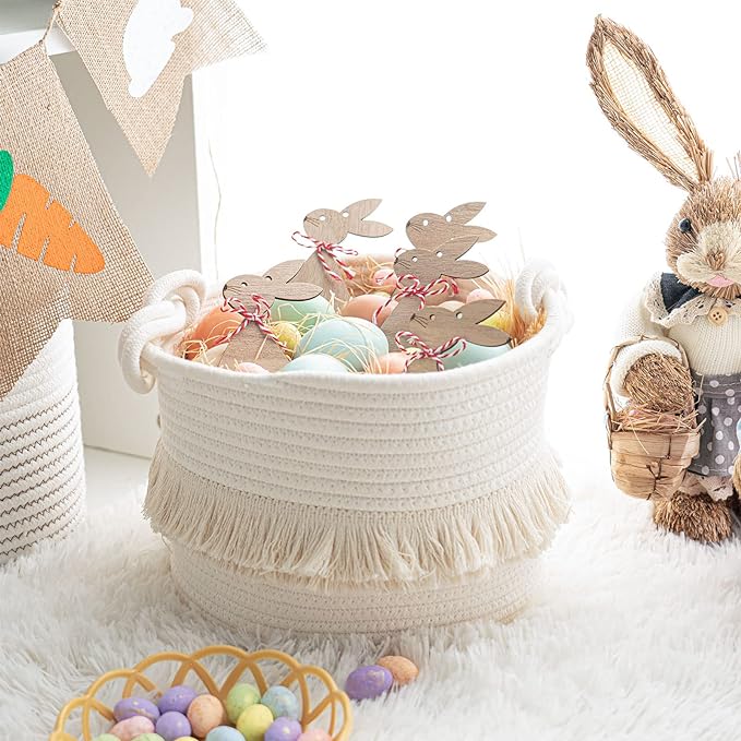 CherryNow Small Woven Rope Baby Basket with Tassel, 9.5" x 7", Off-White | Cute Storage Basket for Baby Shower, Toys & Daily Essentials, Fits Nursery Living Room Decor, with Knotted Handles