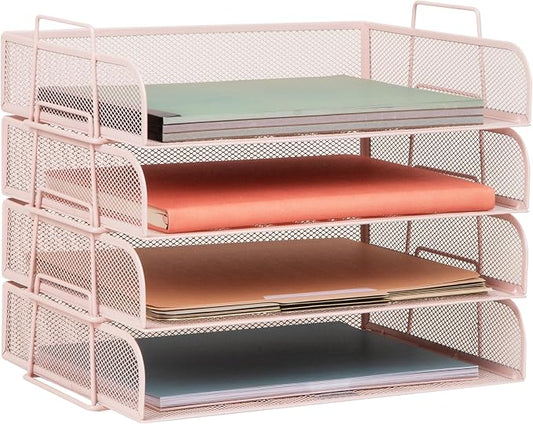 Mind Reader Stackable Paper Tray, Desktop Organizer, File Storage, Office, Metal Mesh, 4 Pcs., Pink