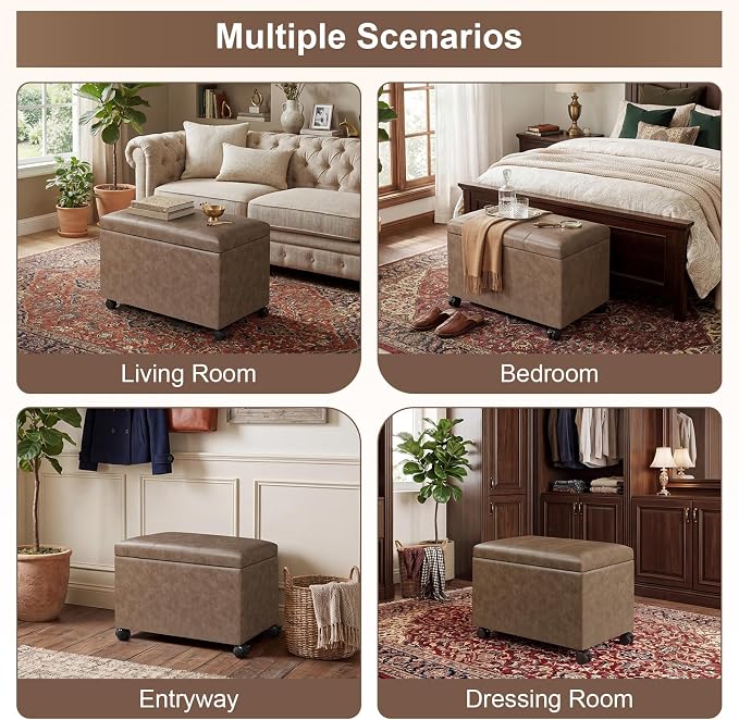 24" Storage Ottoman Bench with Wheels, Rectangle Faux Leather Foot Stool for Living Room, Bedroom, Entryway, Earthy Light Brown Veining