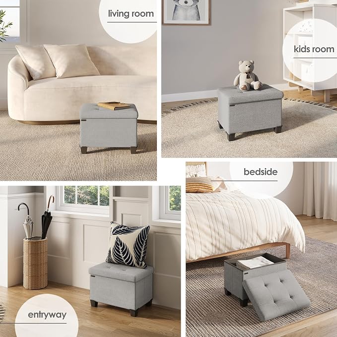 Storage Ottoman Cube with Small Bin, 16-in Square Ottoman with Storage for Living Room and Bedroom, Small Ottomans Foot Rest, Fabric Foot Stools Ottomans Max 330lbs, Light Grey