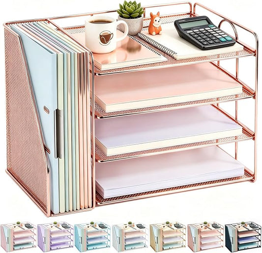 gianotter 4-Tier Paper Organizer With Magazine Holder, Desk Organizers and Accessories, Desk Accessories & Workspace Organizers, File Organizer for Office Supplies Storag (Rose Gold, 4-Tier)