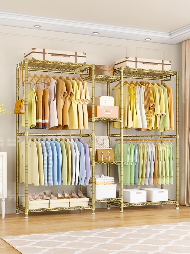 Ulif E4 Clothes Rack, Heavy-Duty Garment Rack Can Be L-Shaped Closet, Gold | Metal Freestanding Clothing Organization Storage System with Shelves and Hangers, Load 962lbs, 70.8"W x 14.5"D x 79.3"H