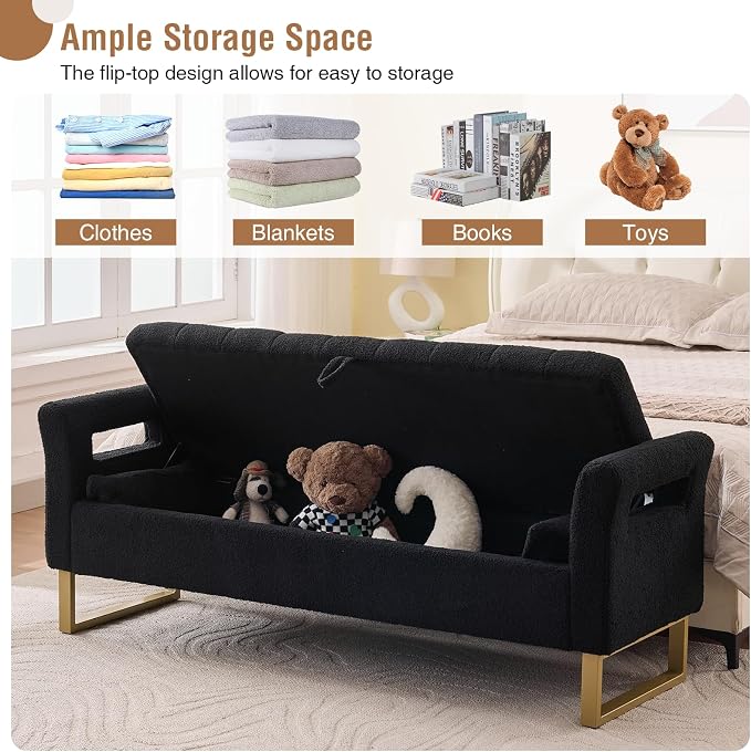 66" Storage Bench for Bedroom Upholstered End of Bed Bench King Size Black | Long Bedroom Benches for Foot of Bed King,Teddy Storage Bed Bench with Gold Legs,2 Pillows for Entryway Windows Cloakroom