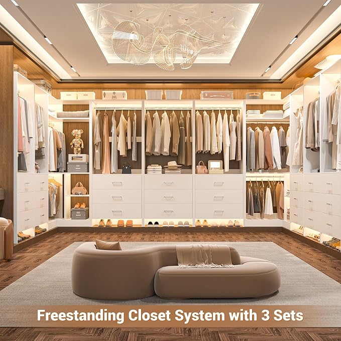 Aheaplus Closet System with 3 Drawers, 2 Hanging Rods & Corner Tower, Corner Closets System with Hanging, L-Shaped Walk-In Wardrobe Organizer, 1300+ lbs Capacity, Set of 2, White