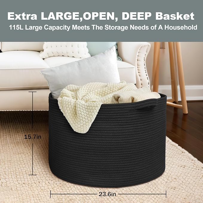 115L Super Large Black Blanket Basket, 23.6"x15.7" Woven Rope Bin for Storage, Oversized Kids Dog Toy Storage Box Bins, XXXL Blanket Holder for Living Room, Jumbo Wicker Basket for Organizing