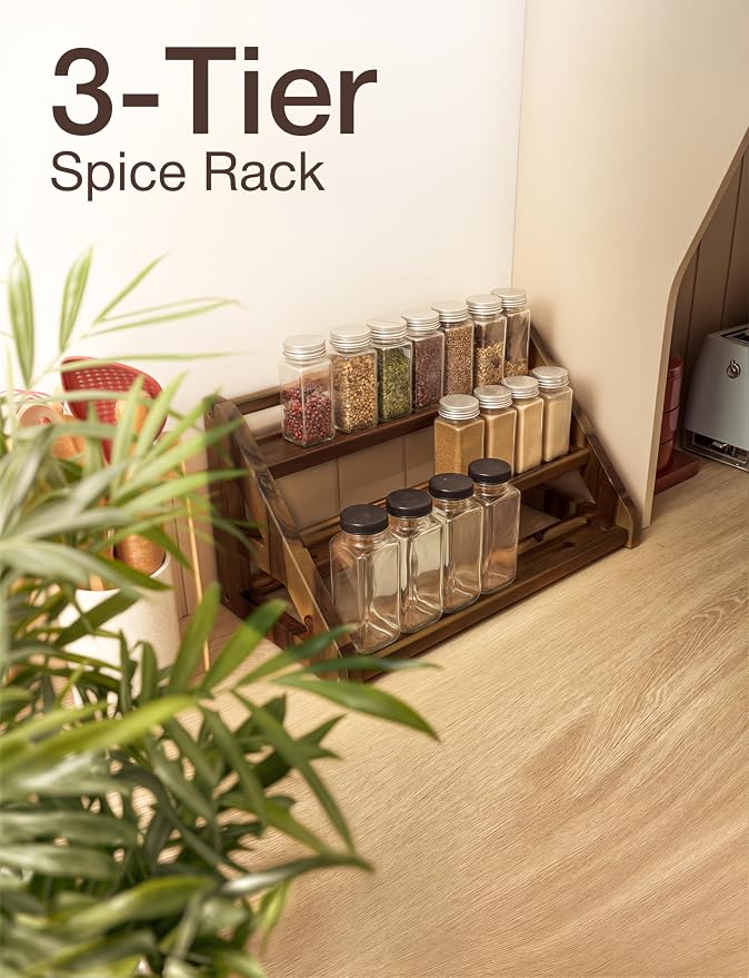 Tinamo Acacia Wood Spice Rack - Wooden 3-Tier Spice Rack Organizer for Countertop or Cabinet – Kitchen Spice Organizer and Seasoning Organizer Shelf (Walnut) | Acacia Wood, 3-tier Spacious Design for 24 Spice Jars, Cutout Grooves for Secure Storage, Ea...
