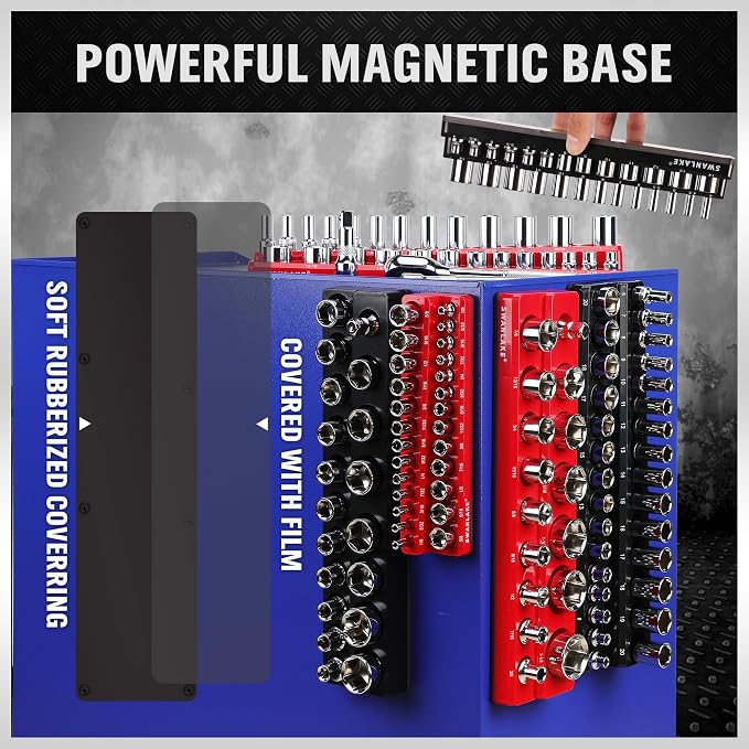 6-piece Magnetic Socket Organizer Set, Metric & SAE Drive Socket Holder, Includes 1/4", 3/8", 1/2", Holds 143 Pieces Magnetic Trays Red Black