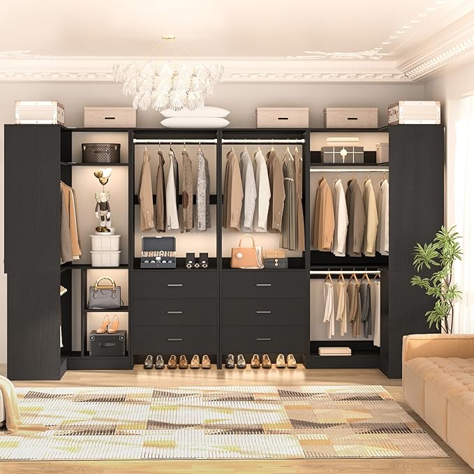 Aheaplus Closet System with 6 Drawers, 6 Hanging Rods & Corner Tower, Corner Closet System with Hanging, 112.5" U-Shaped Walk-In Wardrobe Organizer, 2000+ lbs Capacity, Set of 4, Black