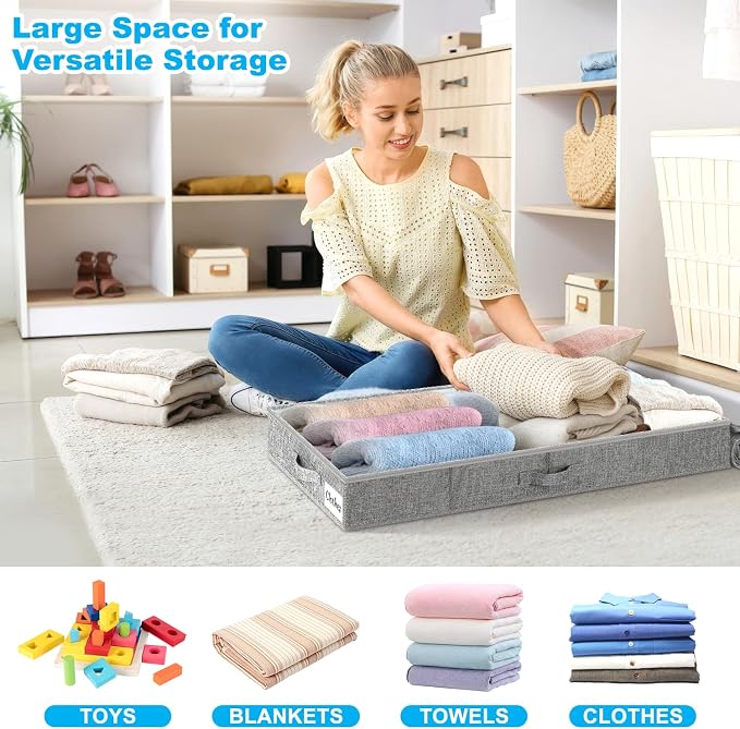 Under Bed Storage Container Bins 4 Pack, 5 Inch Thin Low Profile Underbed Clothes Storage Organizer for Dorm & Home, Use for Blanket and Toy Storage Box W/ Sturdy Bottom/Sides, Foldable Thick Fabric