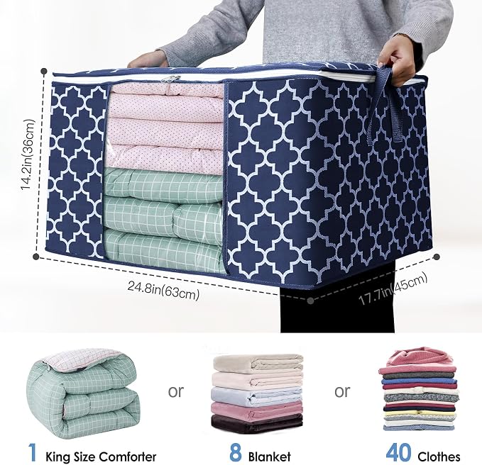 WISELIFE Storage Bags, Large Blanket Clothes Organization and Storage Containers for Bedding, Comforters, Foldable Organizer with Reinforced Handle, Clear Window,Sturdy Zippers,(Blue, 3 x 100L)
