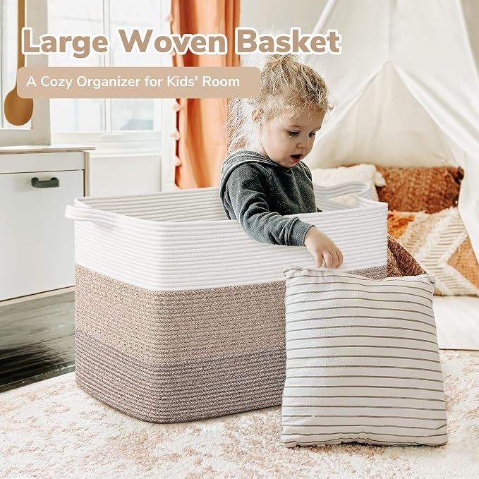 Goodpick 105L Extra Large Woven Blanket Basket, Cotton Rope, Light Brown | 25 x 16 x 16 in, Rectangle, Living Room, Bedroom & Nursery Organization, Blankets, Pillows, Toys & Clothes Storage
