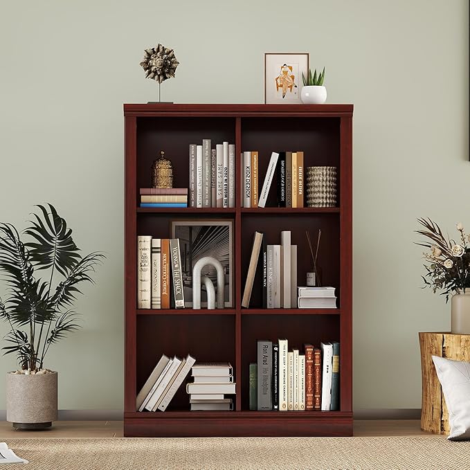 3 Tiers 6 Cube Storage Organizer Bookcase, 30 inch Width Wooden Book Shelf | 6 Storage Cube Adjustable Space Book Case, Vertical Bookshelf Display Cabinet Organizer for Home Library Office, Mahogany