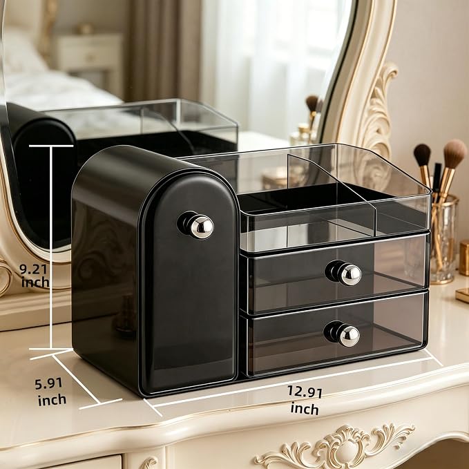Makeup Organizer with Makeup Brush Holder, 2 Drawer, Black | Vanity Desk Organizer with Brush Holder, Compact Countertop, Cosmetic Storage for Lipsticks, Perfumes, Eyeshadow Palettes