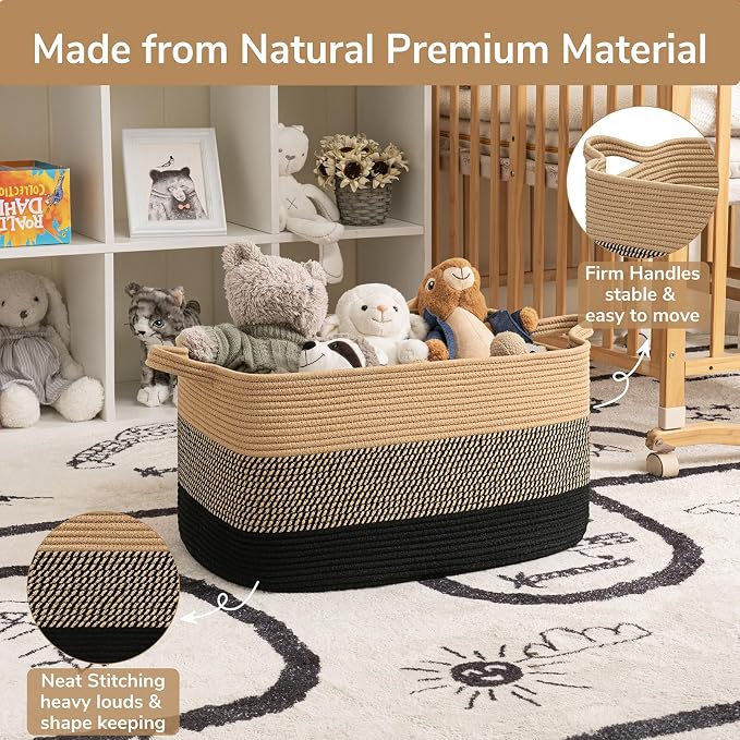 Goodpick Wicker Blanket Basket, Rectangle Storage Organizer, Black Jute | 21.6 x 14.9 x 11.8 in, Reinforced Handles, Living Room, Bedroom & Nursery Organization, Blankets, Clothes & Toys Storage