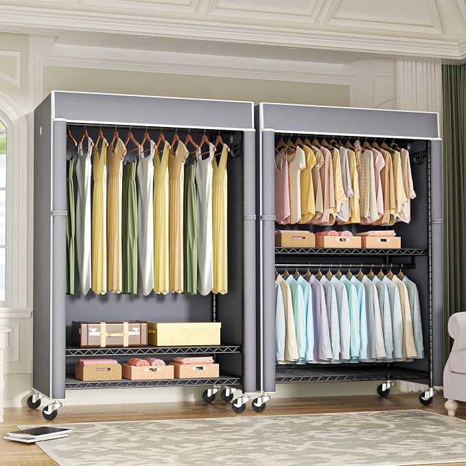 Black Clothing Rack with Grey Cover, P1C Plus Rolling Closets | Metal Garment Rack with Wheels for Hanging Clothes, Portable Clothing Storage Wardrobe
