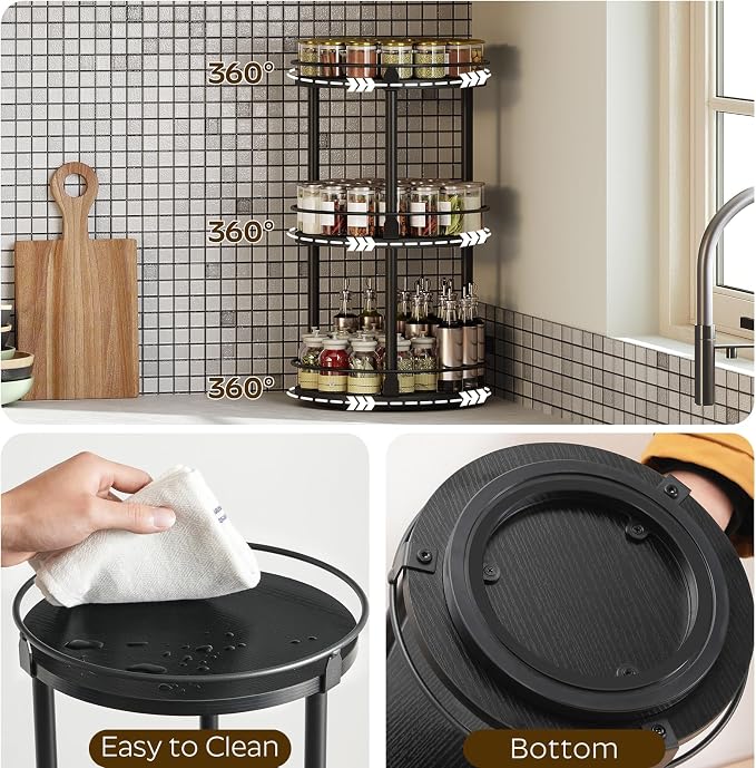 YATINEY 3-Tier Lazy Susan Organizer, Rotating Spice Rack, Spinning Organizer, Industrial Turntable Spice Rack Organizer for Cabinet, Kitchen Countertop, Pantry, Black SR23BK