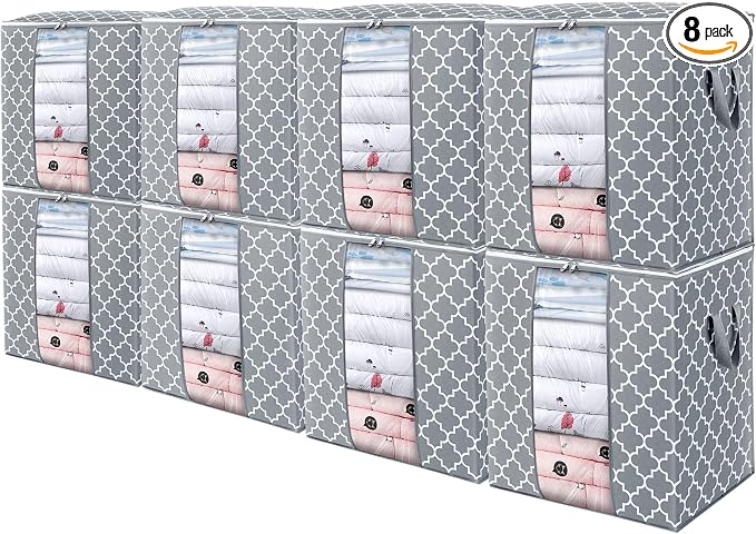 WISELIFE Storage Bags 8 Pack/100L Large Blanket Clothes Organization and Storage Containers for Comforters,Bedding, Foldable Organizer with Reinforced Handle, Clear Window, Sturdy Zippers,Light Gray