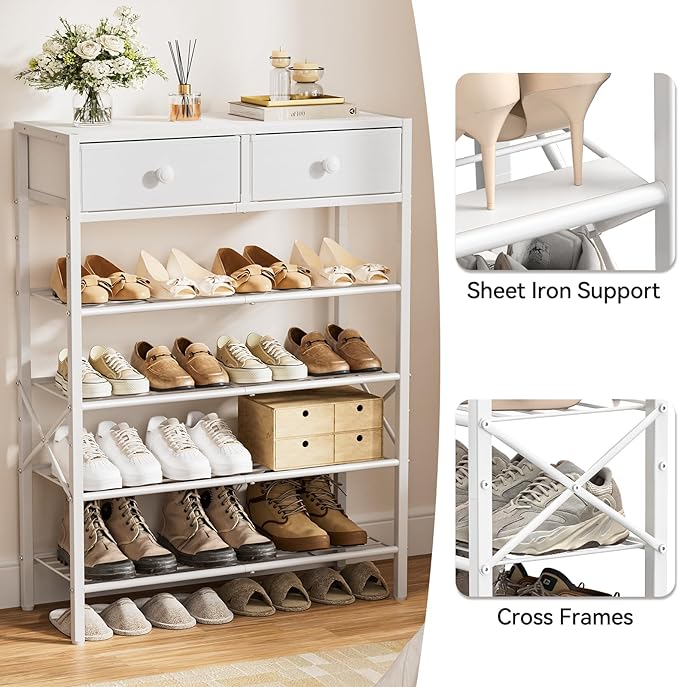 5 Tier Shoe Rack with 2 Drawers, 16-20 Pairs Greige | Holds 16-20 pairs. 2 drawers for socks/keys. Removable layer for boots. Anti-tip kit included. Quick assembly.