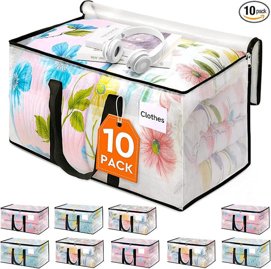 HomeHacks Moving Bags, Heavy Duty Storage Bags for Clothes, 10 Pack 93L | Waterproof moving bag with zipper and Handles, clear storage bags packing bags for moving, camping, home organization, 24Gal