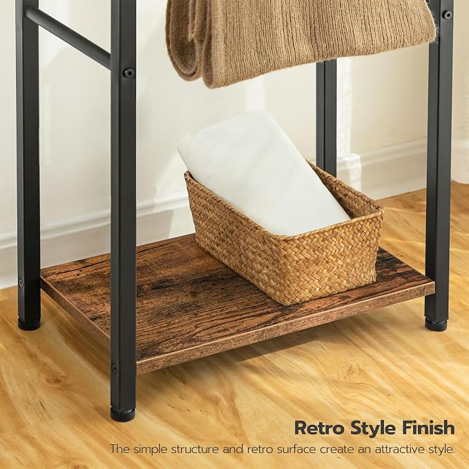 HOOBRO Free Standing Towel Rack for Bathroom, 2 Tier Blanket Rack, 16.5" L x 9.4" W x 31.5" H, Blanket Holder, Drying and Display Rack with Shelf, Rustic Brown and Black BF02LB01